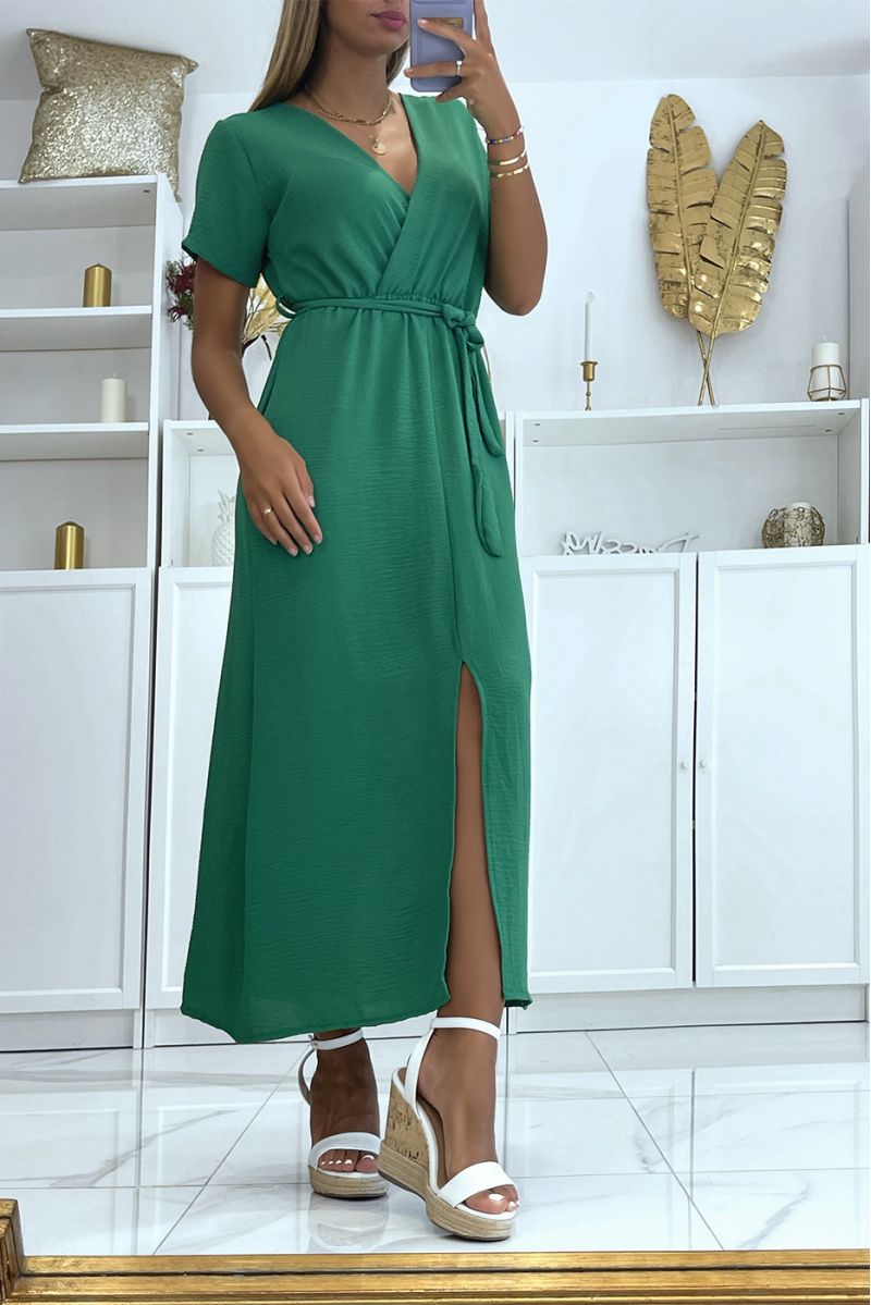 Long green wrap dress with slit belt at the front - 4
