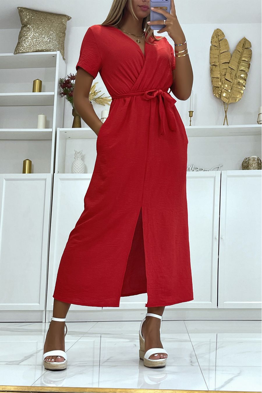 Red Split Front Belt Wrap Long Dress - 4