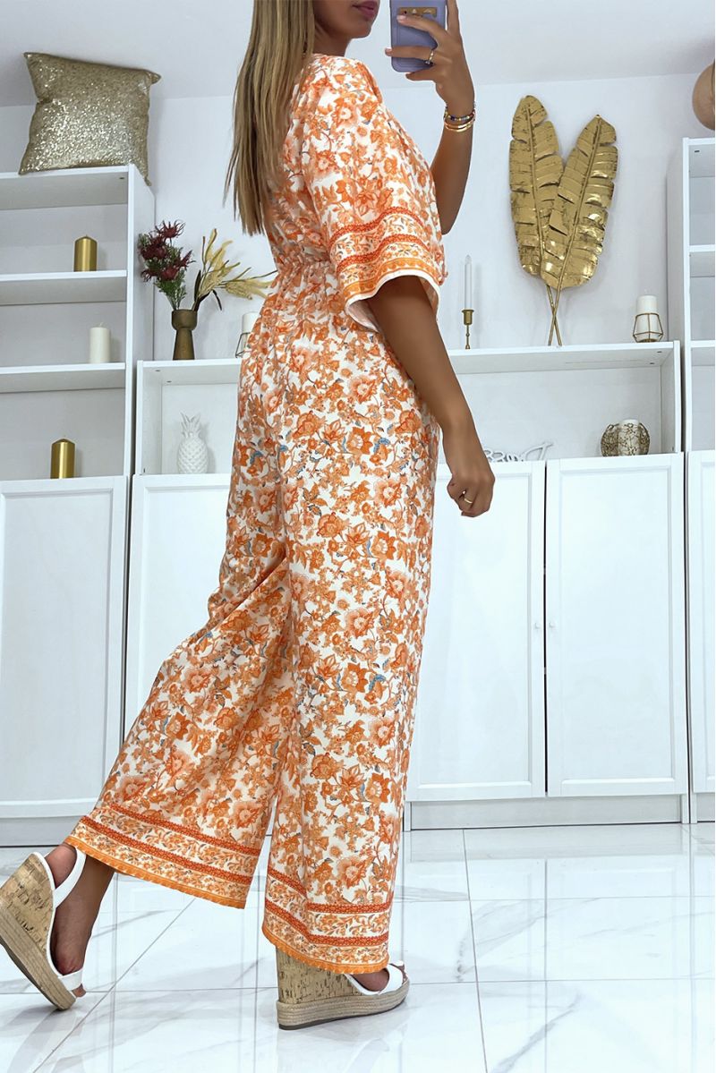 Orange wrap jumpsuit with elastic 