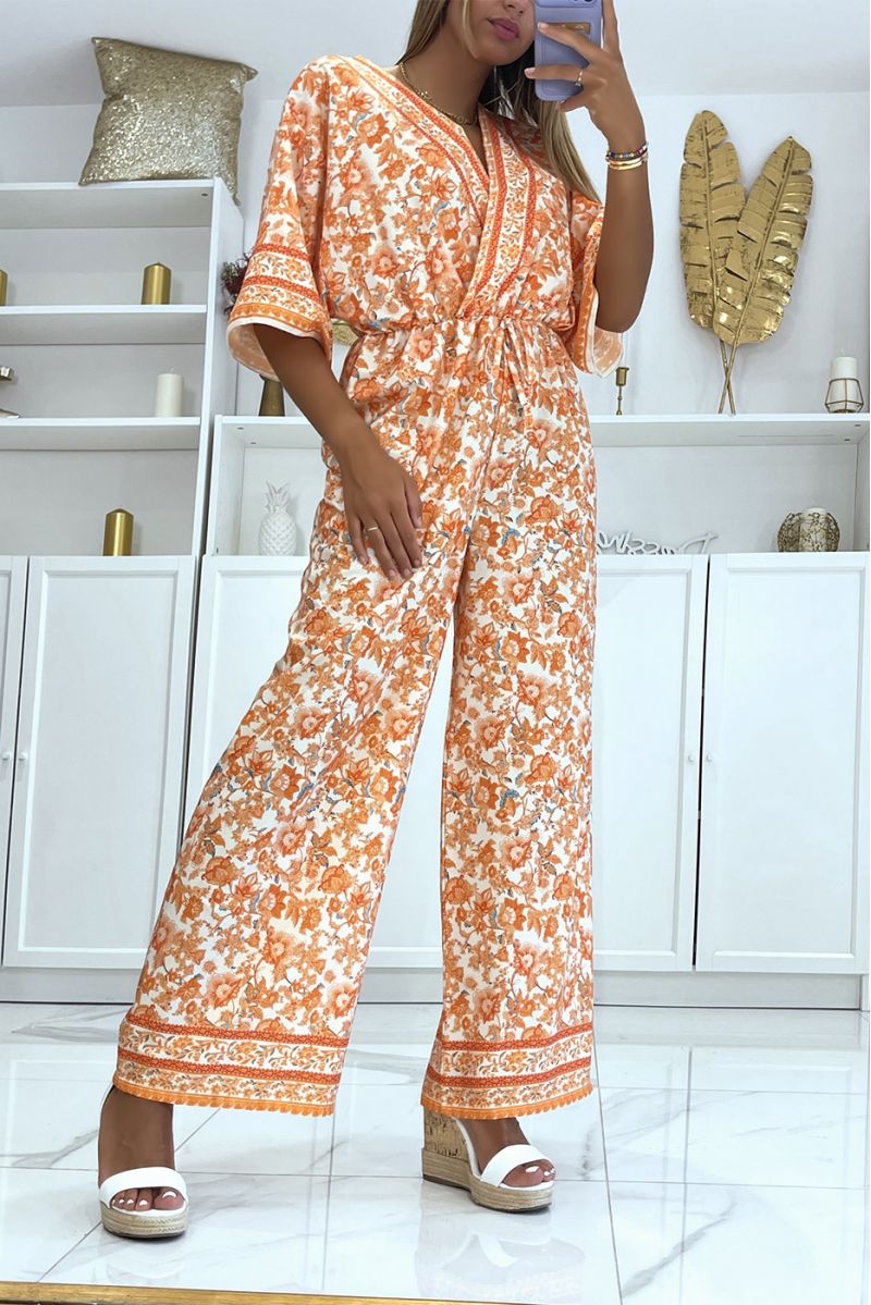Orange wrap jumpsuit with elastic 
