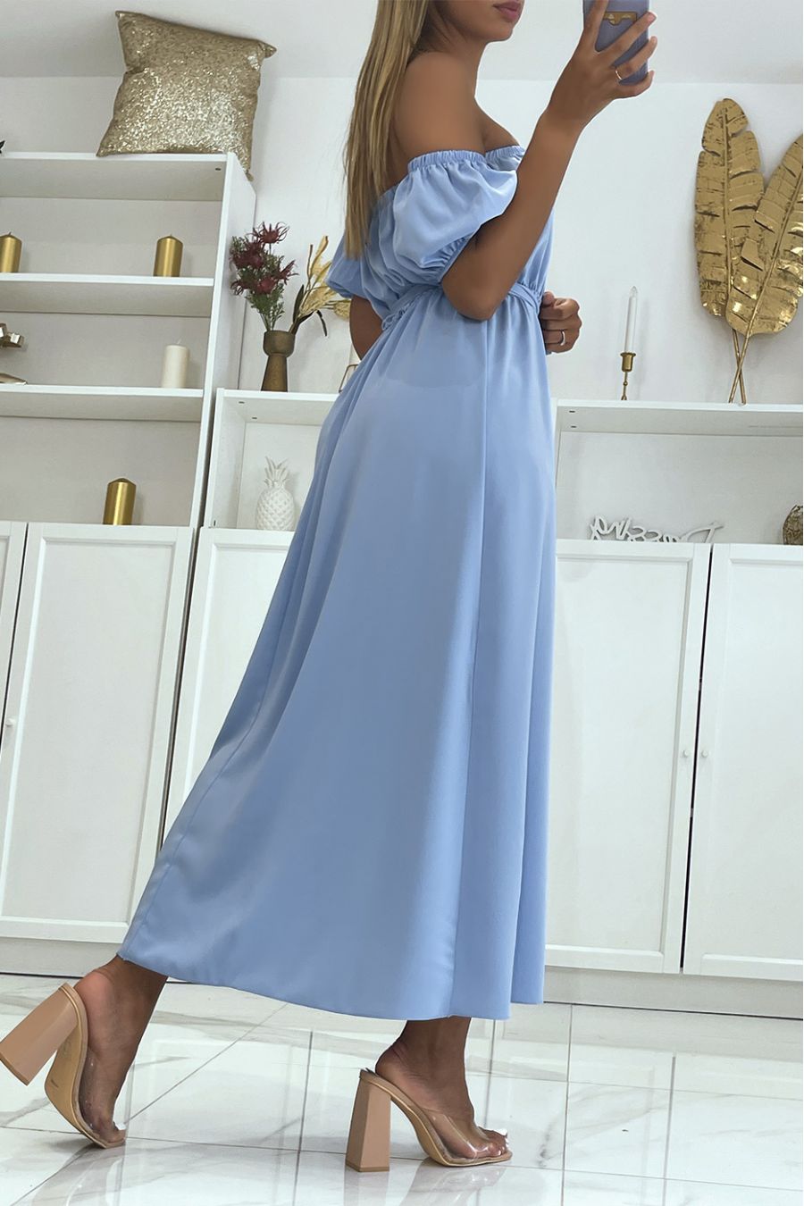 Turquoise lange jurk met elastische bardot kraag in de taille en split aan de zijkant met mooie riem - 1