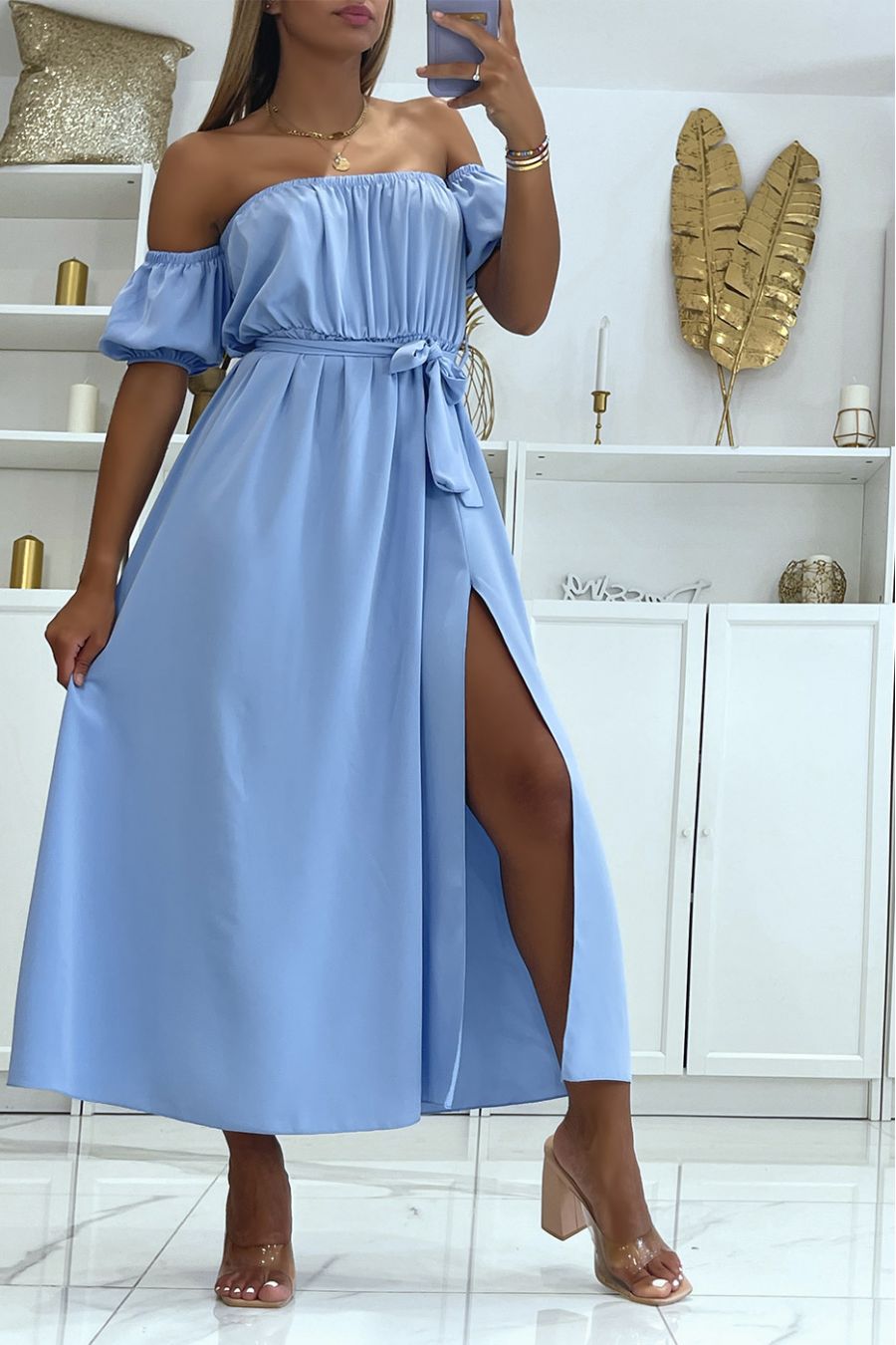 Turquoise long dress with elastic bardot collar at the waist and slit on the side with pretty belt - 3