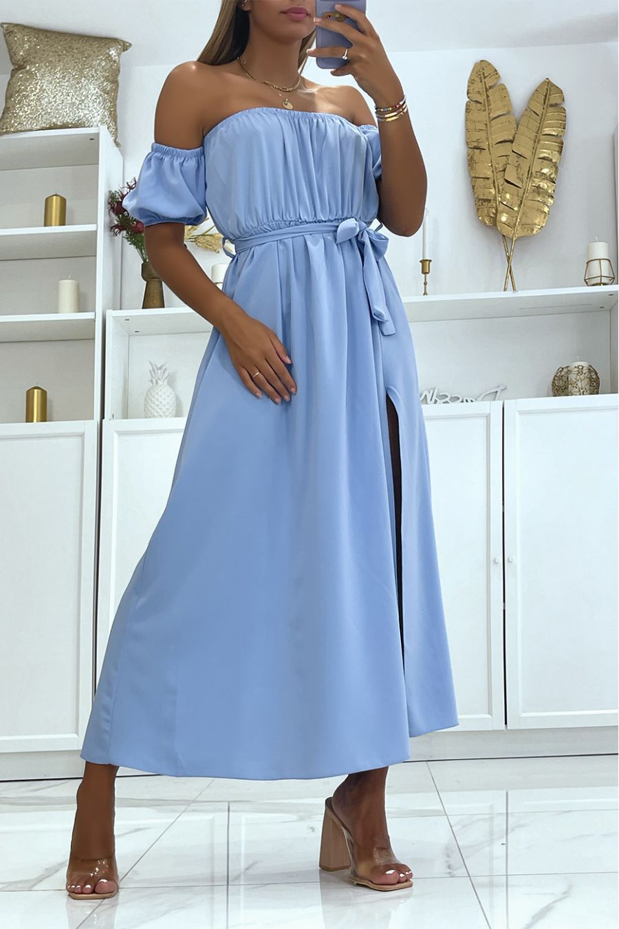 Robe longue turquoise à col bardot élastique à la taille et fendue sur le coté avec jolie ceinture  - 4
