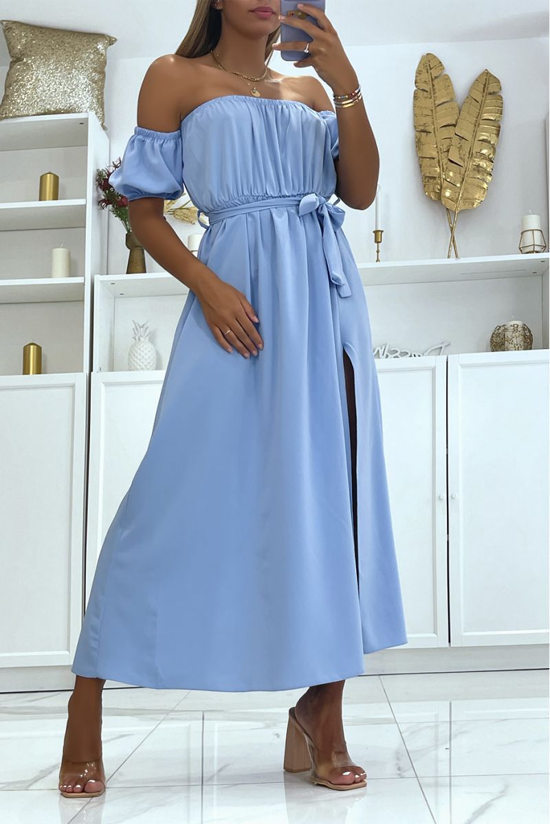 Turquoise long dress with elastic bardot collar at the waist and slit on the side with pretty belt - 4