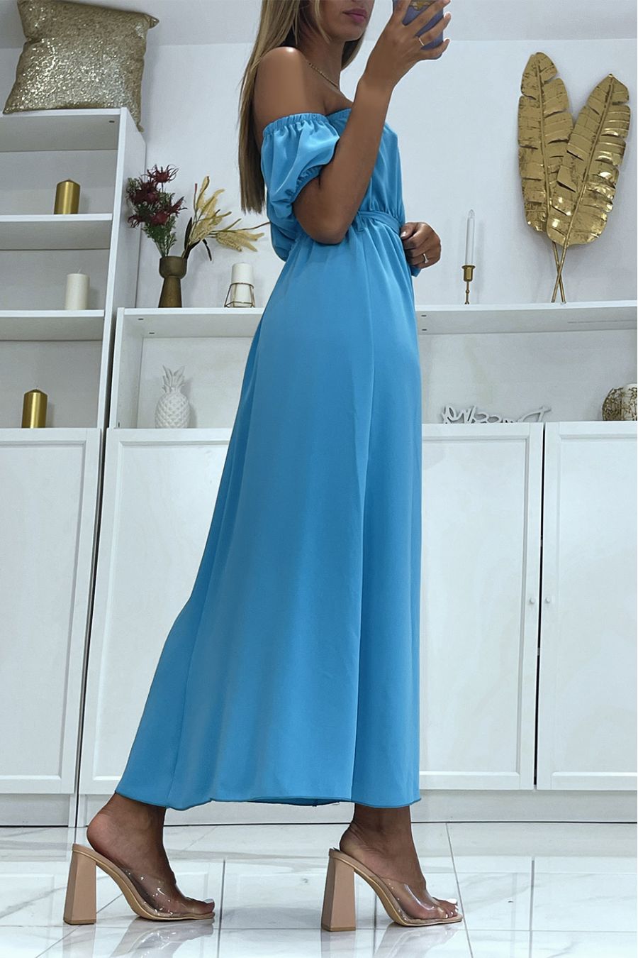 Blue long dress with bardot collar elastic at the waist and slit on the side with pretty belt - 1