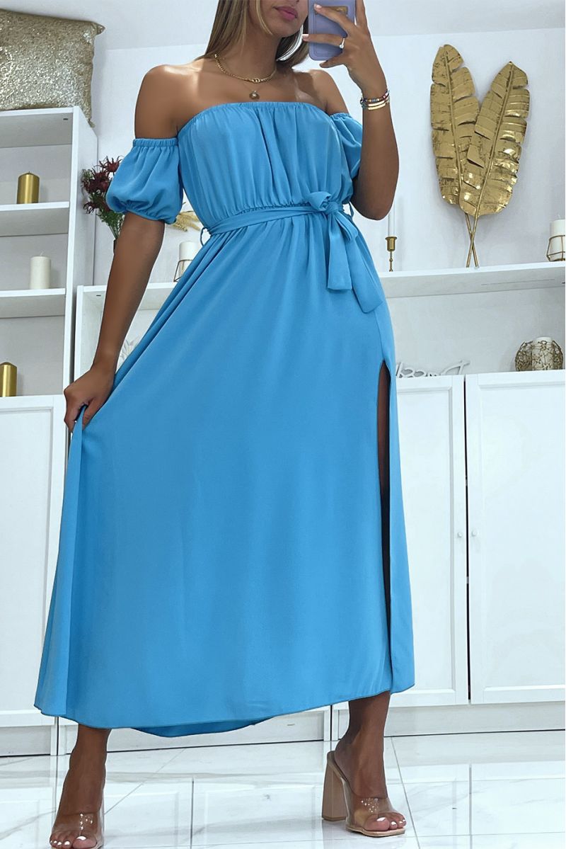 Blue long dress with bardot collar elastic at the waist and slit on the side with pretty belt - 2