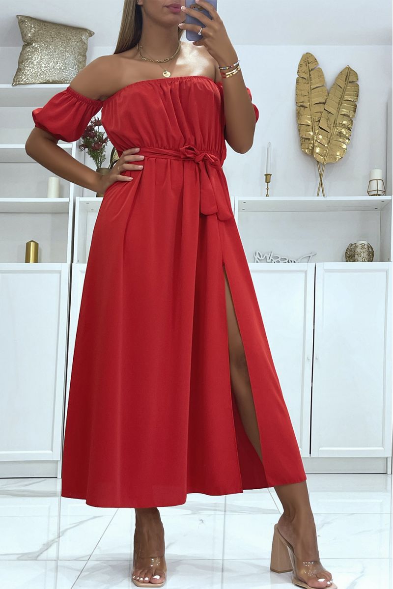 Long red dress with elastic bardot collar at the waist and slit on the side with pretty belt - 4