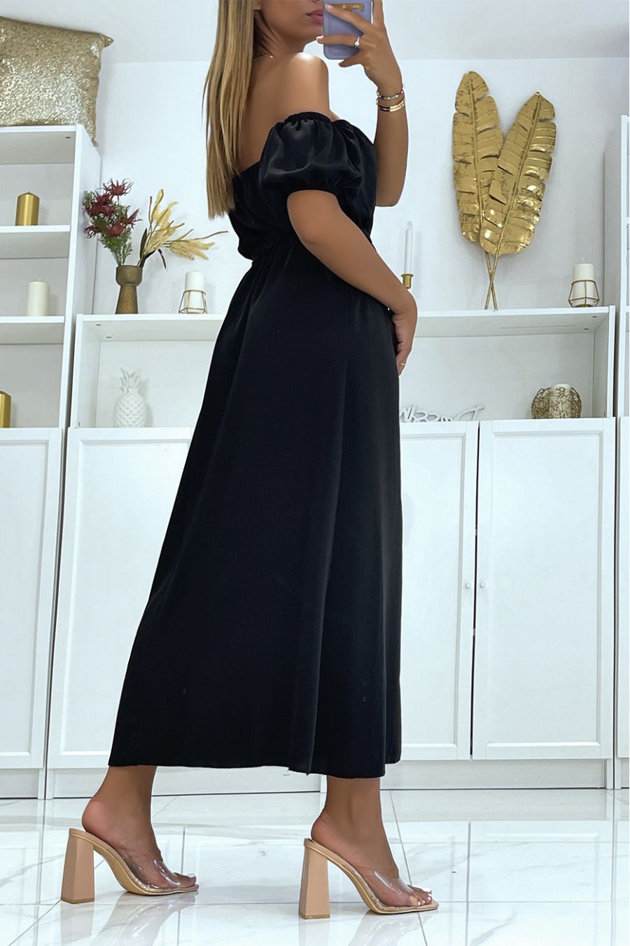 Long black dress with bardot collar elastic at the waist and slit on the side with pretty belt - 1