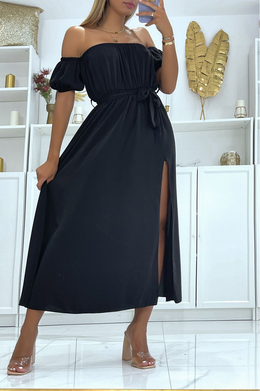 Long black dress with bardot collar elastic at the waist and slit on the side with pretty belt - 2