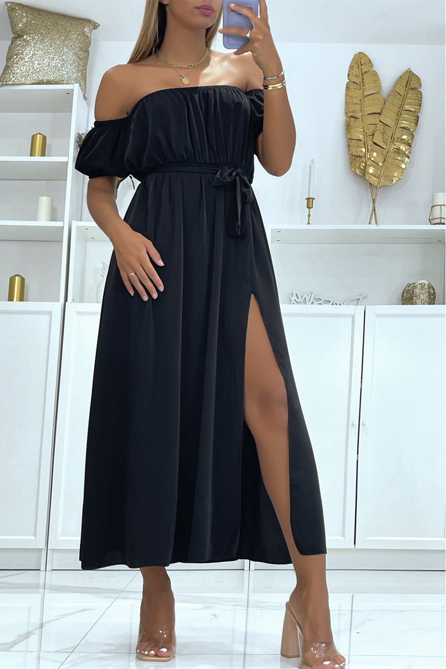 Long black dress with bardot collar elastic at the waist and slit on the side with pretty belt - 4
