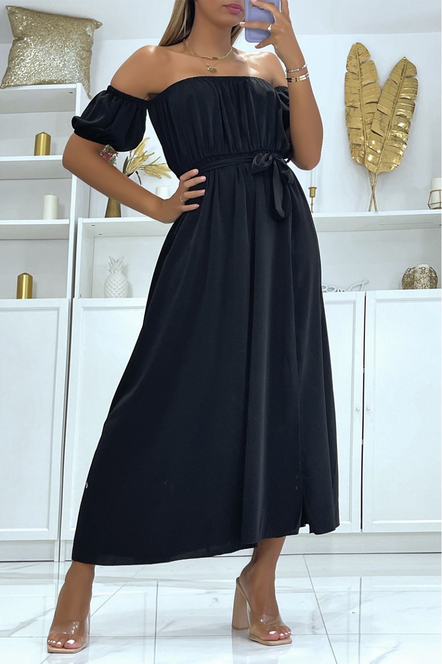 Long black dress with bardot collar elastic at the waist and slit on the side with pretty belt - 5