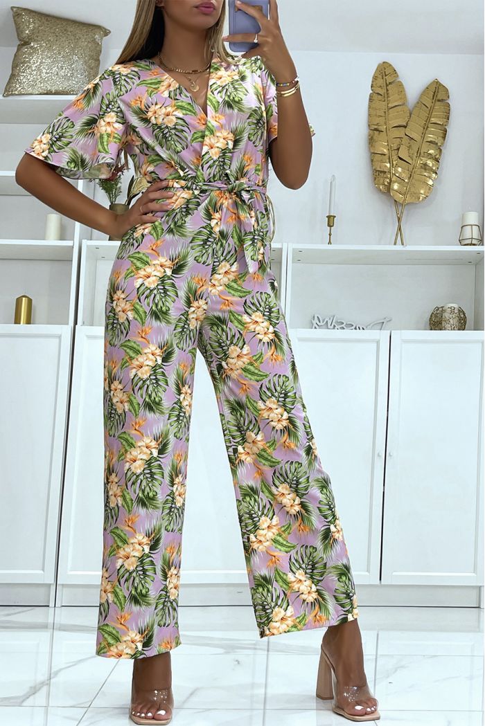 Floral lilac wrap jumpsuit straight cut elastic at the waist and