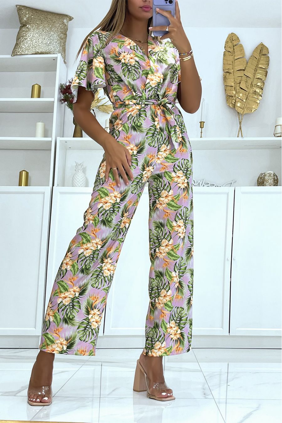 LiLL jumpsuit met bloemenprint, recht gesneden elastiek in de taille en bedrukt met grote hibiscusbloemen - 3