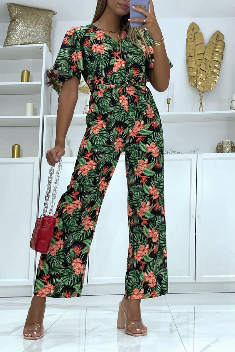 Black floral wrap jumpsuit straight cut elastic at the waist and printed with large hibiscus flowers - 3