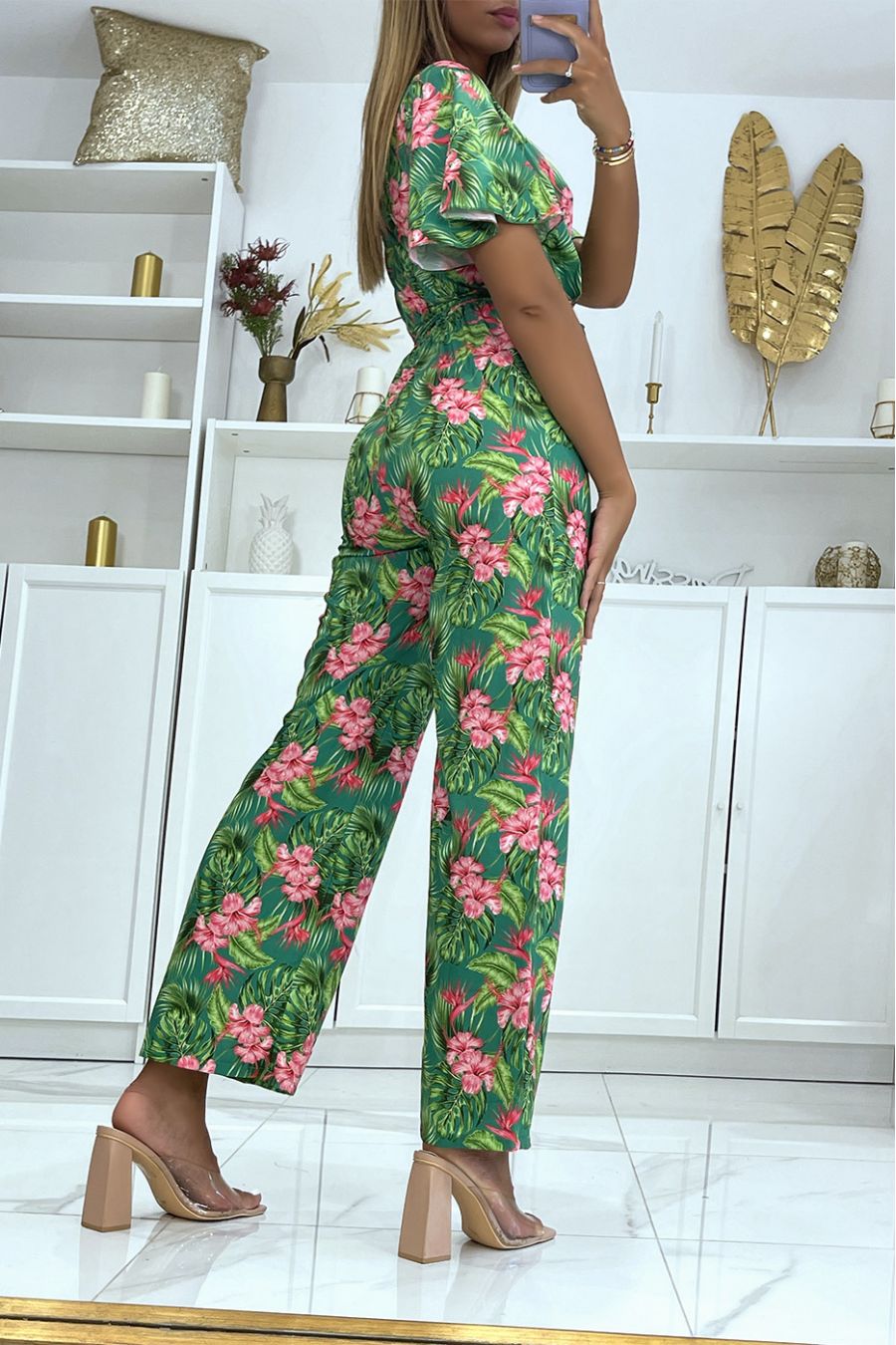 Combinaison cache coeur verte fleurie coupe droite élastique à la taille et imprimé avec large fleurs d'hibiscus - 1