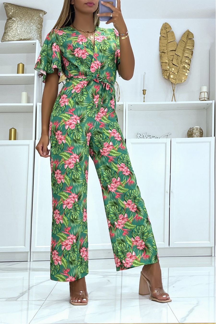 Combinaison cache coeur verte fleurie coupe droite élastique à la taille et imprimé avec large fleurs d'hibiscus - 3