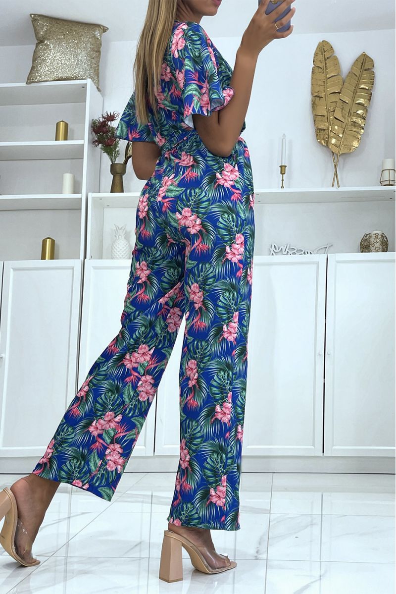Floral royal wrap jumpsuit straight cut elastic at the waist and printed with large hibiscus flowers - 1