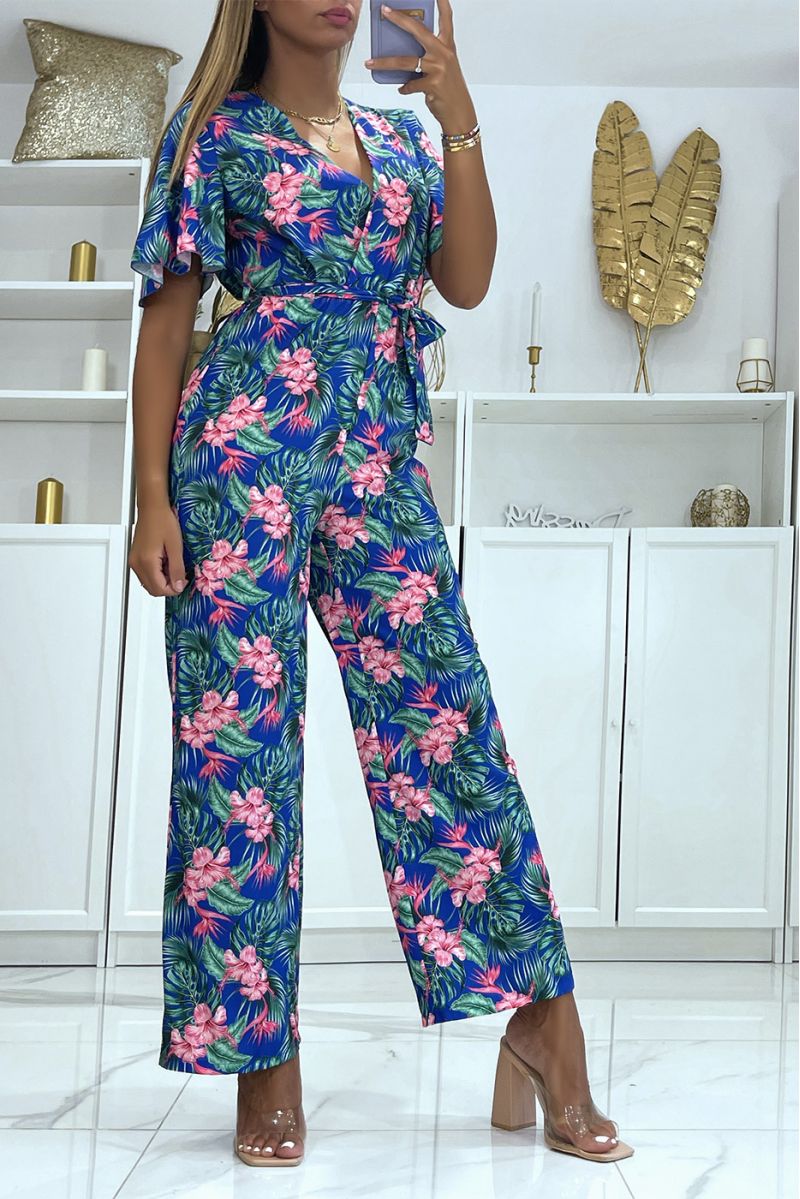 Floral royal wrap jumpsuit straight cut elastic at the waist and printed with large hibiscus flowers - 2