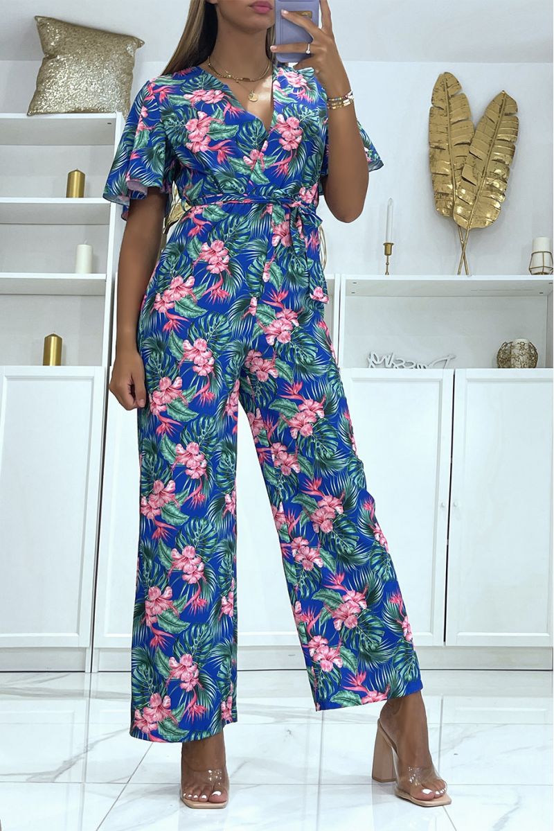 Floral royal wrap jumpsuit straight cut elastic at the waist and printed with large hibiscus flowers - 3