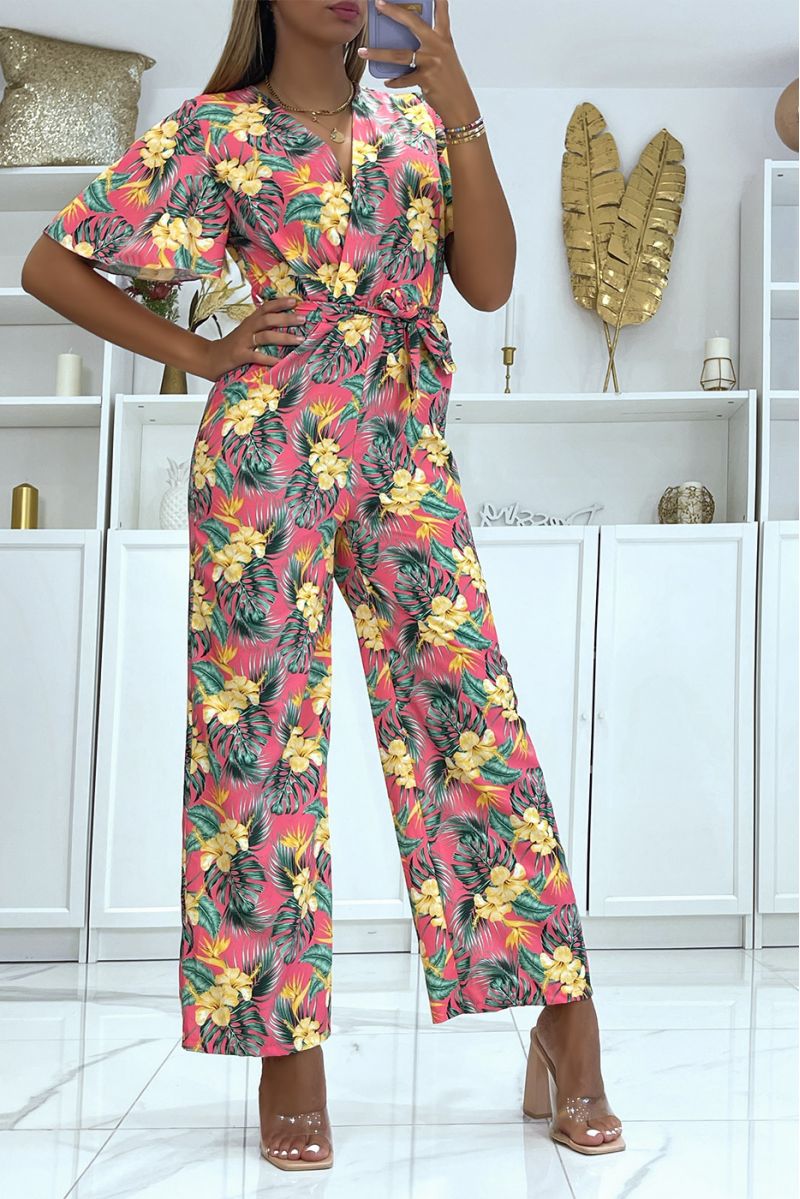 Floral fuchsia wrap jumpsuit straight cut elastic at the waist and printed with large hibiscus flowers - 3