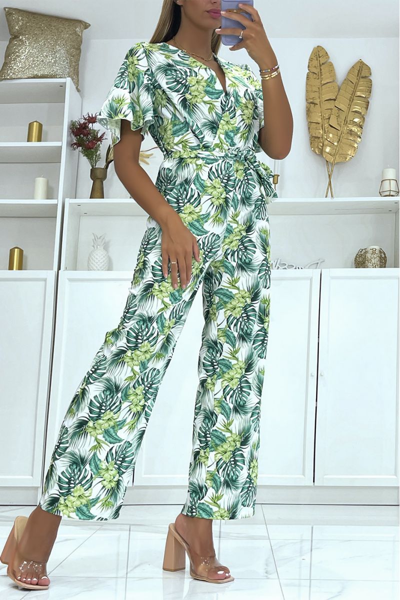 White floral wrap jumpsuit straight cut elastic at the waist and printed with large hibiscus flowers - 2