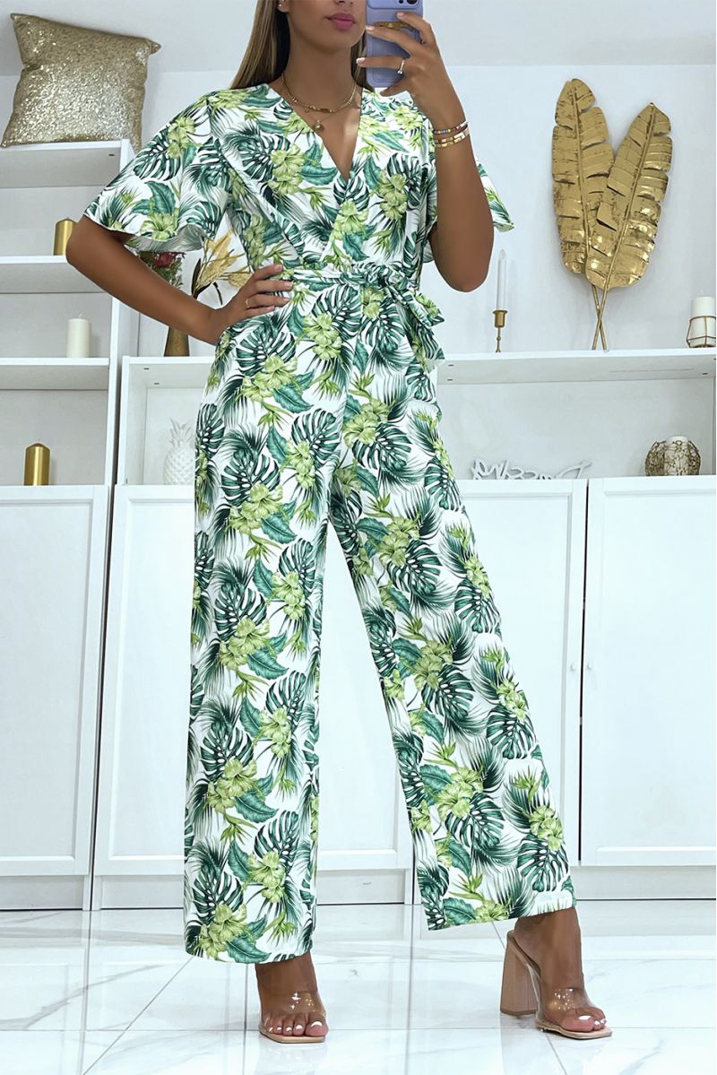 White floral wrap jumpsuit straight cut elastic at the waist and printed with large hibiscus flowers - 3