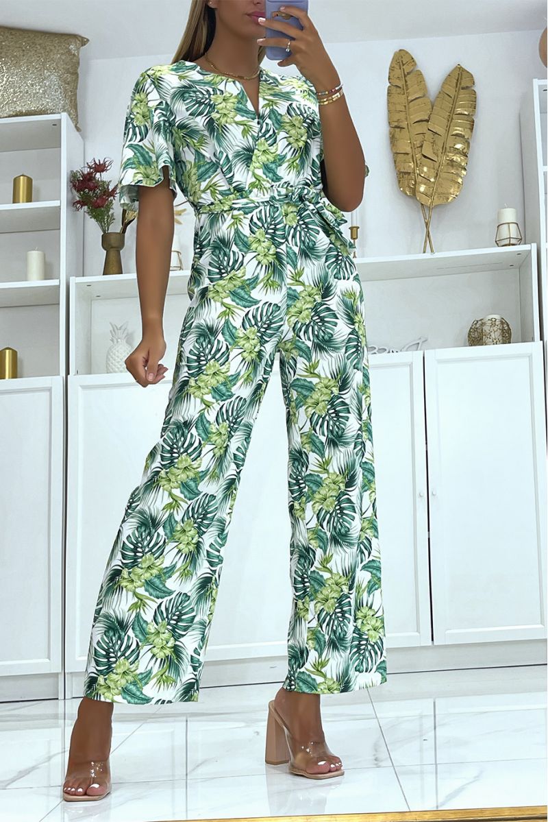 White floral wrap jumpsuit straight cut elastic at the waist and printed with large hibiscus flowers - 4