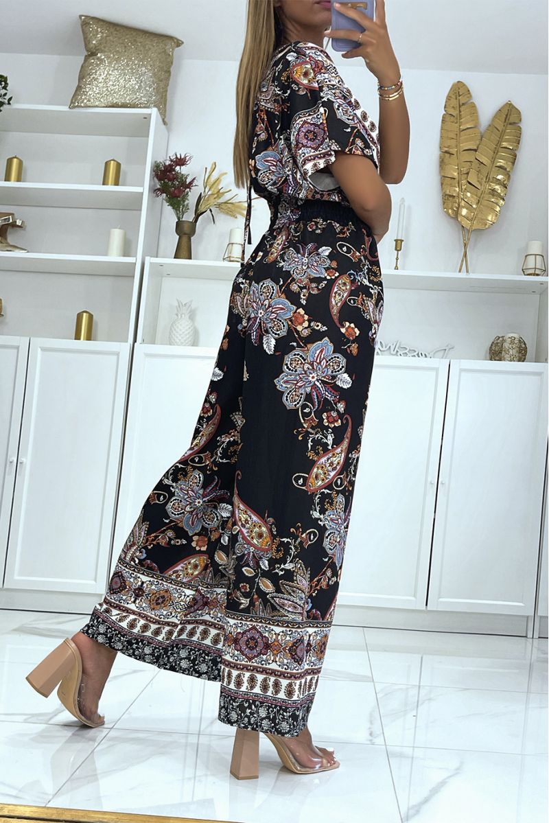 Zwarte overslag jumpsuit en broek met wijde pijpen, elastische tailleband en print - 1