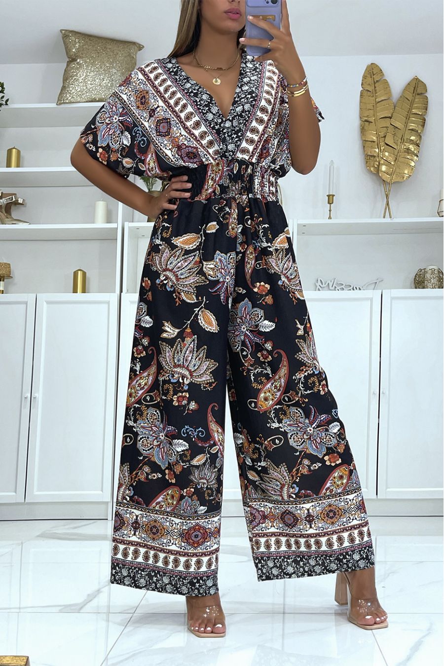 Combinaison noire cache coeur et pantalon pattes d'éléphant élastique à la taille à imprimé  - 2