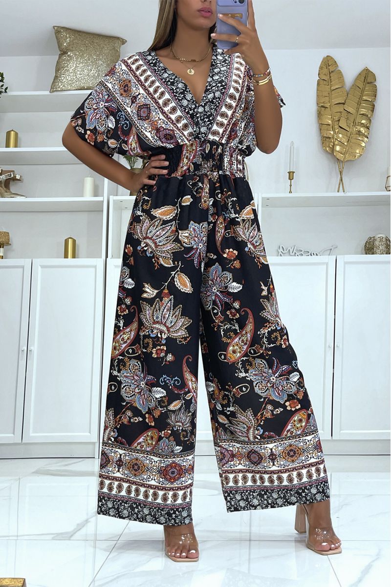Zwarte overslag jumpsuit en broek met wijde pijpen, elastische tailleband en print - 2