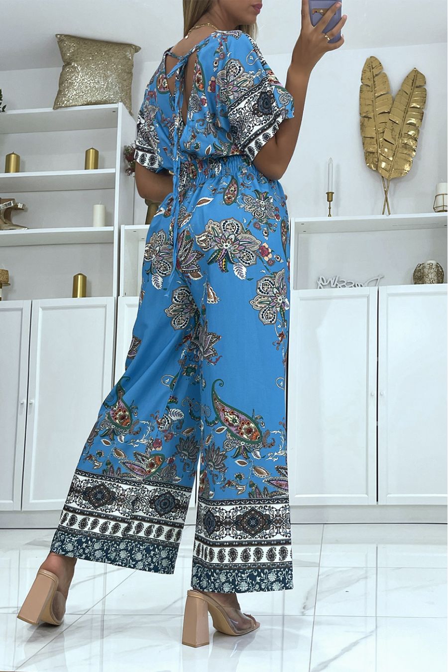 CoBCinaison bleu cache coeur et pantalon pattes d'éléphant élastique à la taille à imprimé  - 1