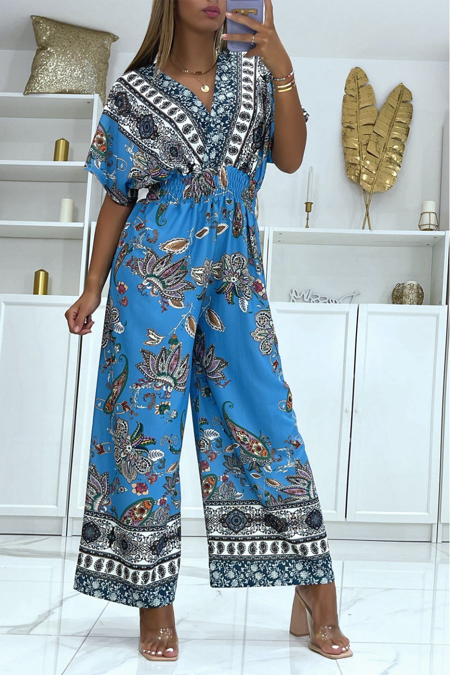 CoBCinaison bleu cache coeur et pantalon pattes d'éléphant élastique à la taille à imprimé  - 2