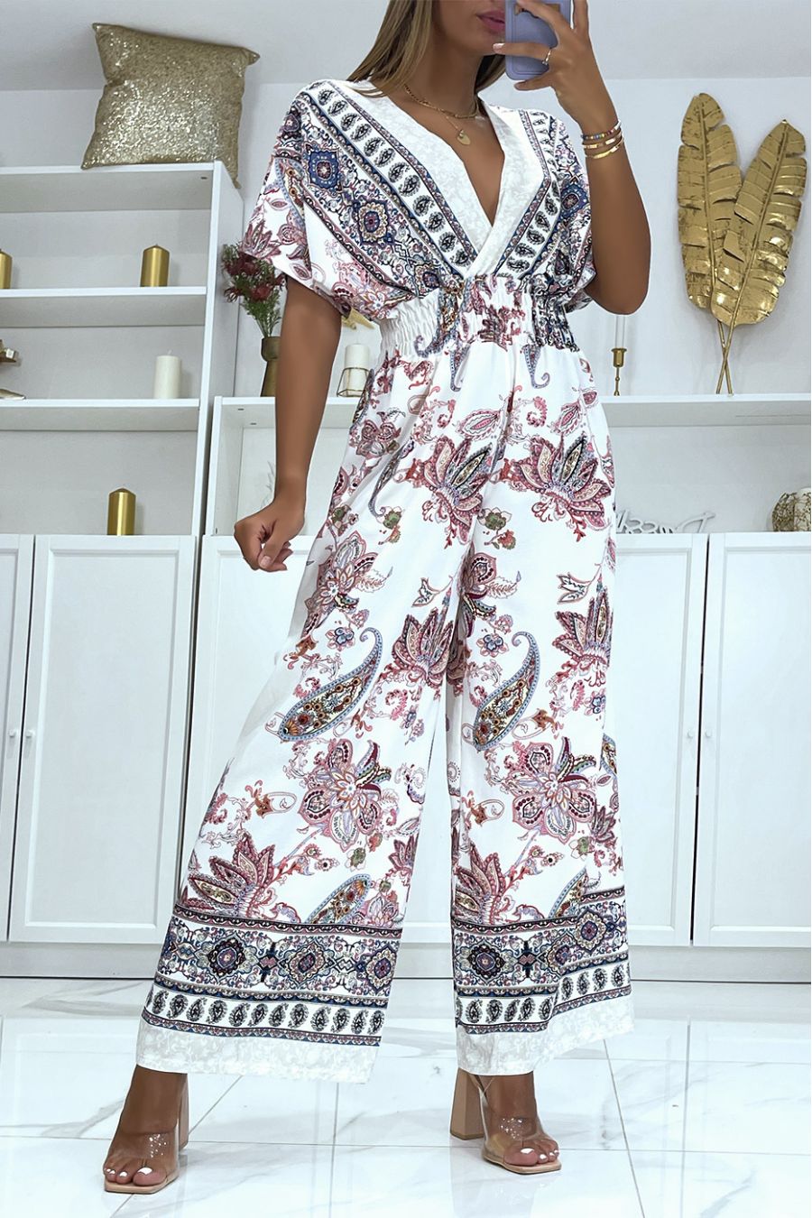 Combinaison blanche cache coeur et pantalon pattes d'éléphant élastique à la taille à imprimé fuchsia - 2