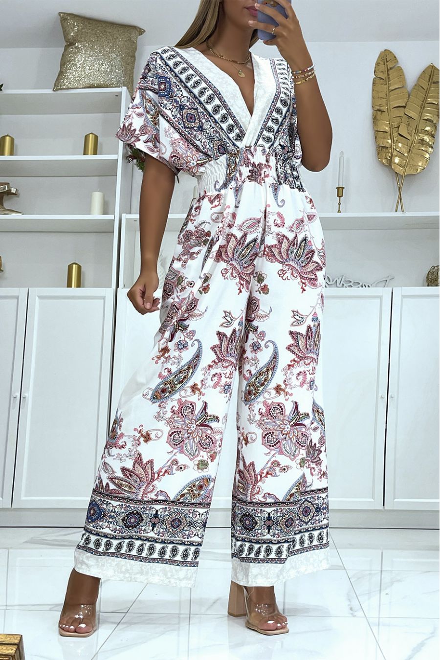 Combinaison blanche cache coeur et pantalon pattes d'éléphant élastique à la taille à imprimé fuchsia - 4