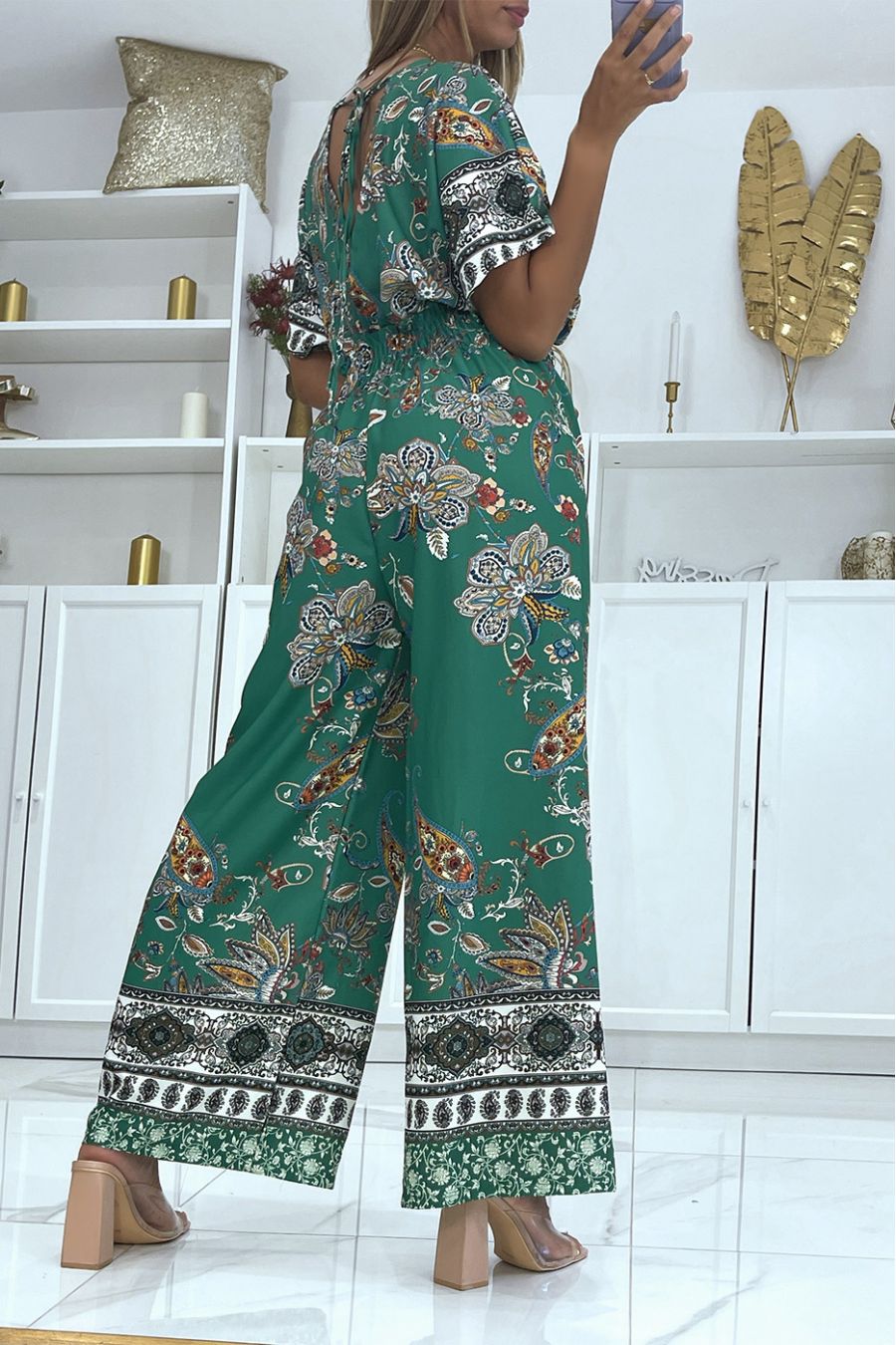 Combinaison verte cache coeur et pantalon pattes d'éléphant élastique à la taille à imprimé  - 1