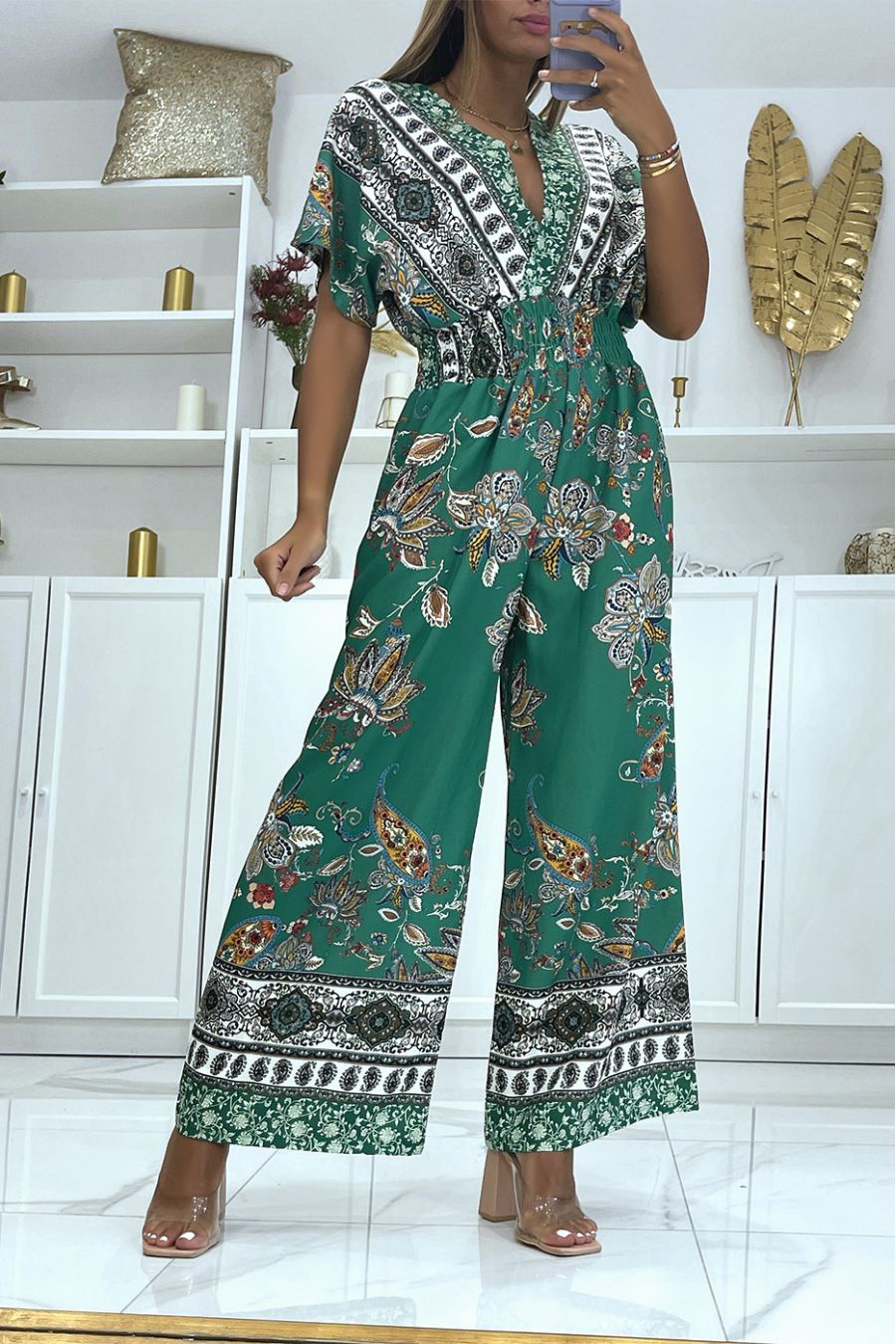 Combinaison verte cache coeur et pantalon pattes d'éléphant élastique à la taille à imprimé  - 3