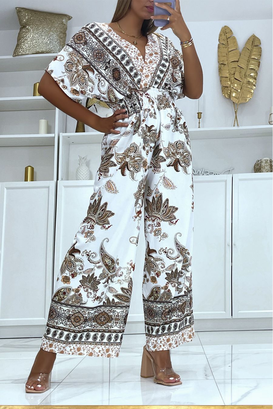 Combinaison blanche cache coeur et pantalon pattes d'éléphant élastique à la taille à imprimé taupe - 2