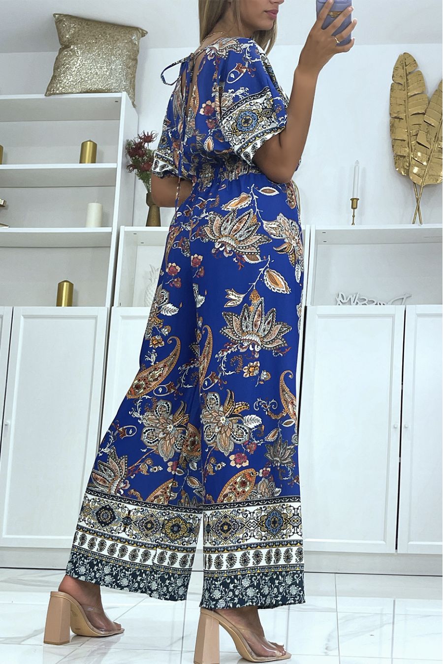 Royal wrap jumpsuit and bell bottom pants with elastic waistband and print - 1