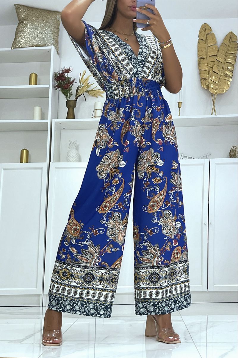 Royal wrap jumpsuit and bell bottom pants with elastic waistband and print - 2