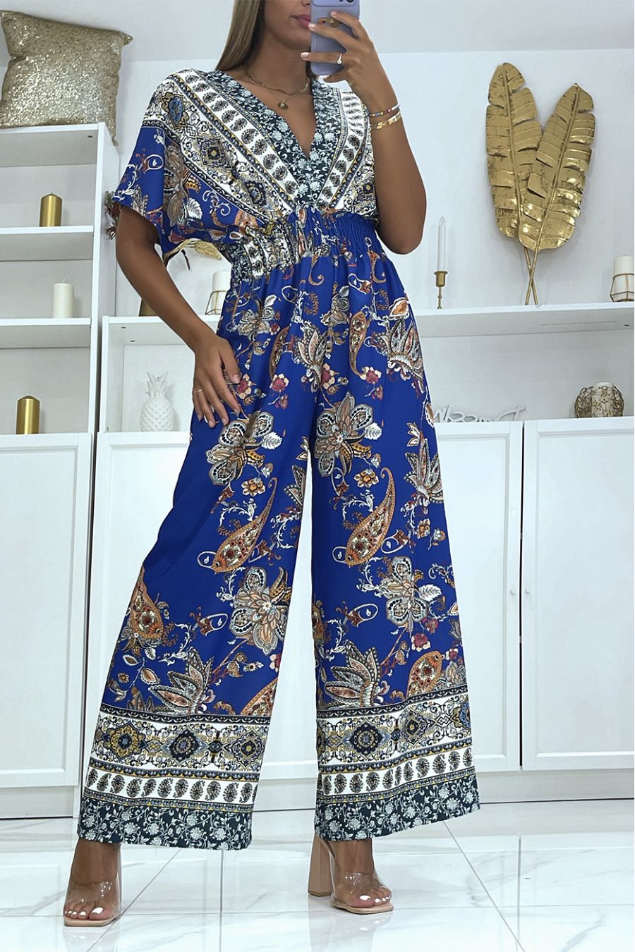 Royal wrap jumpsuit en bell bottom broek met elastische tailleband en print - 3