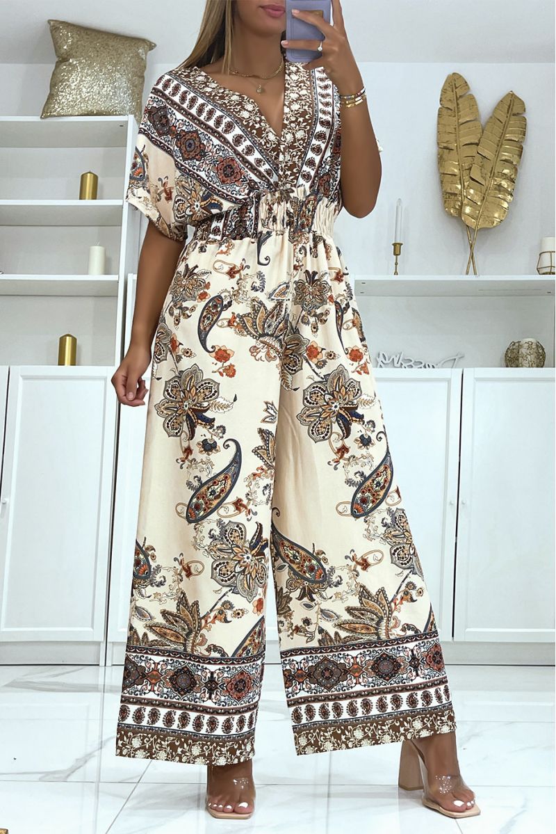 Taupe crossover jumpsuit and bell bottom pants with elastic waistband and print - 3