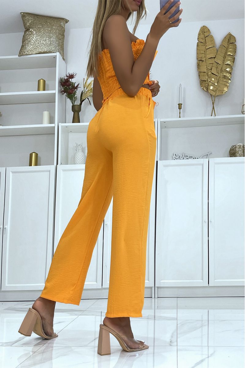 Oranje broek set met elastische tailleband en bustier crop top met mooie strik - 1