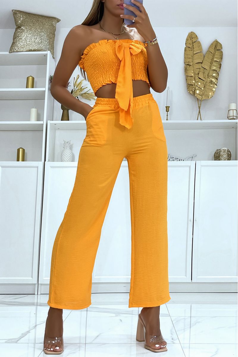Oranje broek set met elastische tailleband en bustier crop top met mooie strik - 2