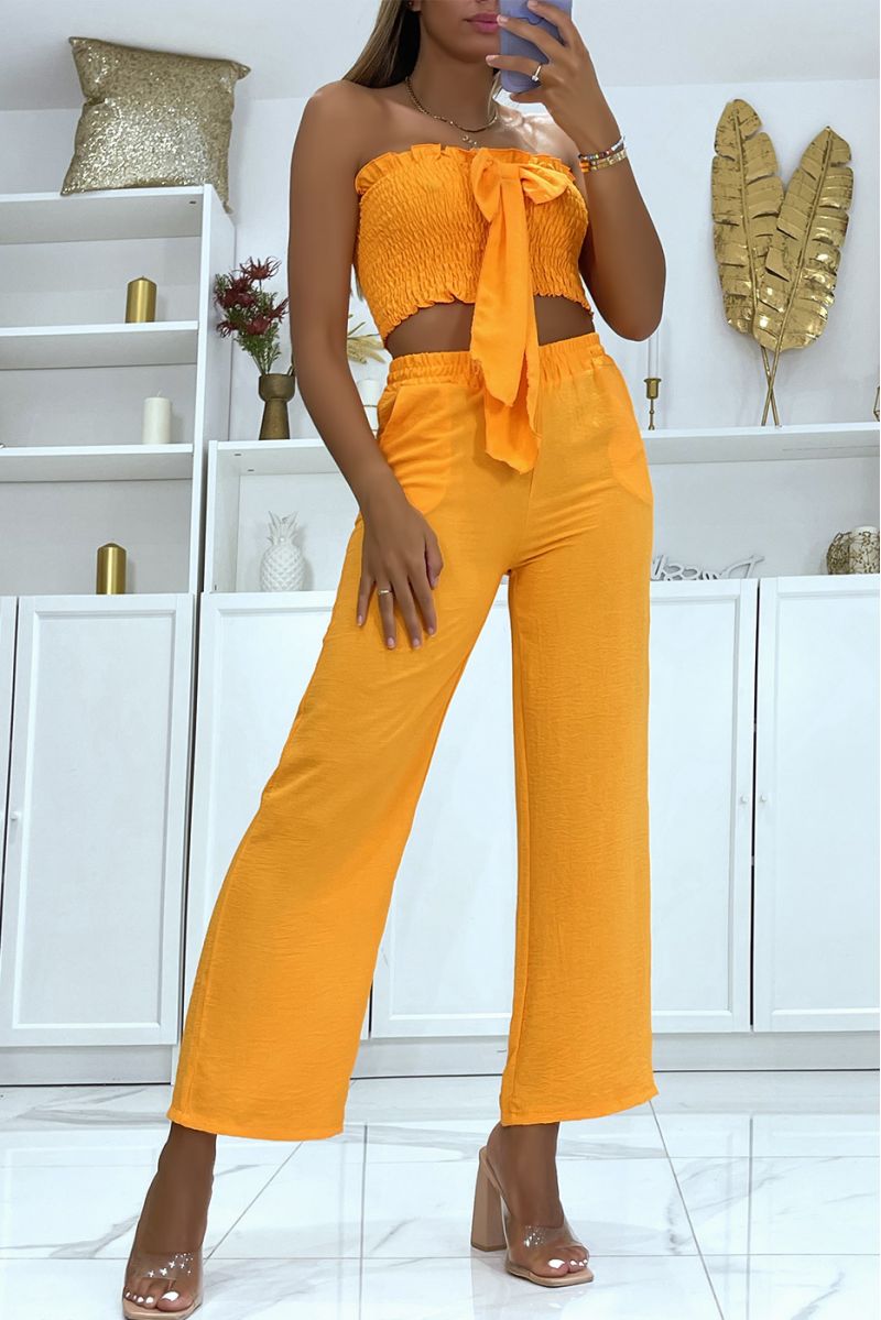 Oranje broek set met elastische tailleband en bustier crop top met mooie strik - 3