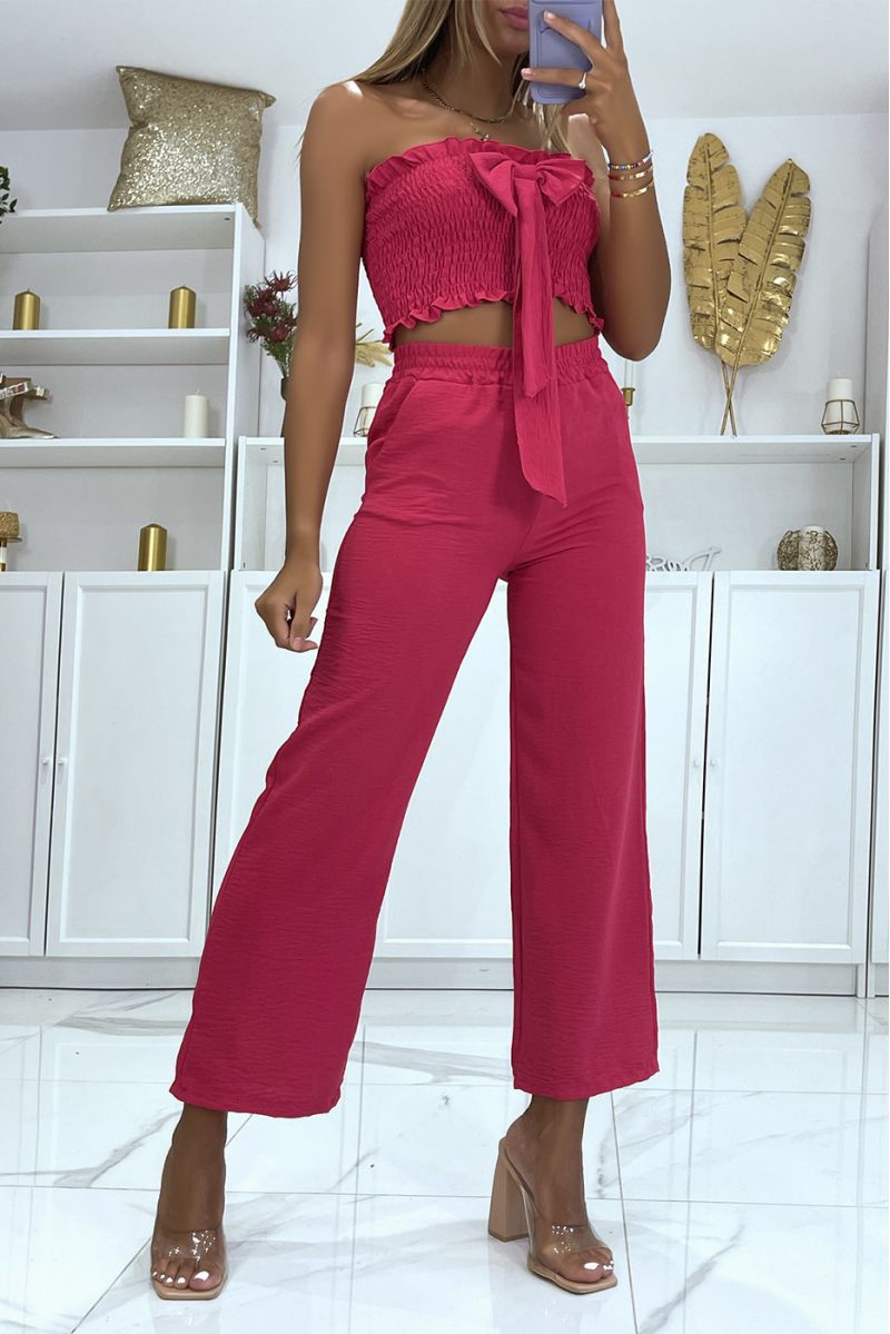 Set fuchsia broek met wijde pijpen, elastische tailleband en bustier crop top met mooie strik - 2