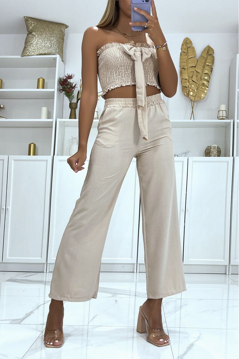 Ensemble pantalon beige patte d'éléphant élastique à la taille et crop top bustier avec jolie noeud - 2