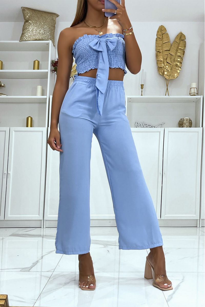 Blauwe broek set met elastische tailleband en bustier crop top met mooie strik - 2