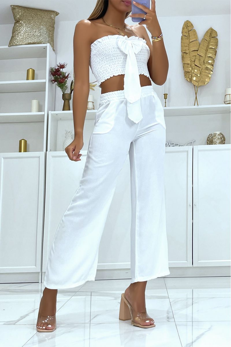 Witte broek set met elastische tailleband en bustier crop top met mooie strik - 2