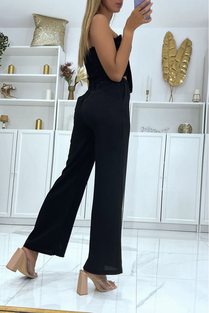 Zwarte broek set met elastische tailleband en bustier crop top met mooie strik - 1