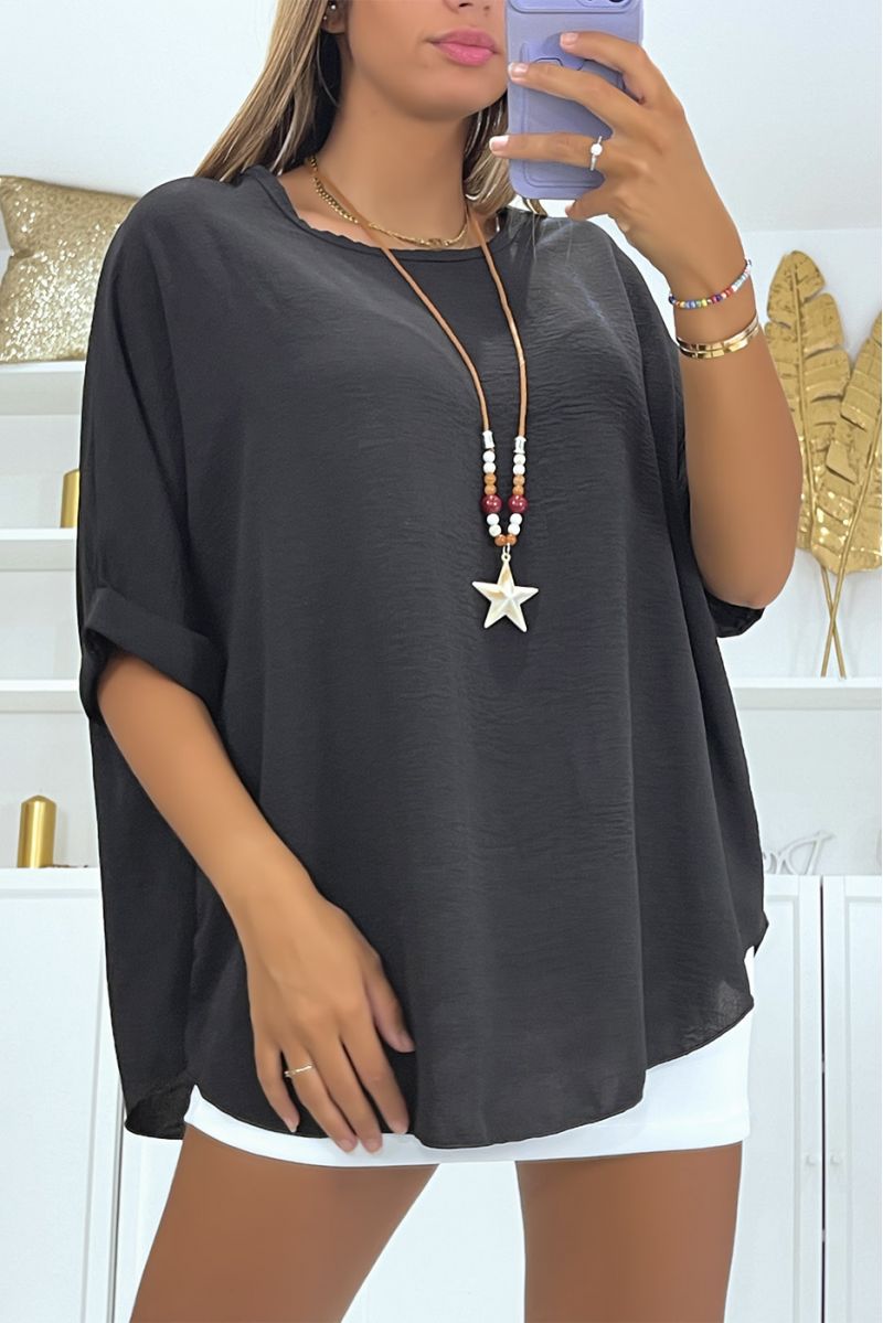 Top oversize noir à manches chauve-souris mi-longues col rond et collier bohème - 3